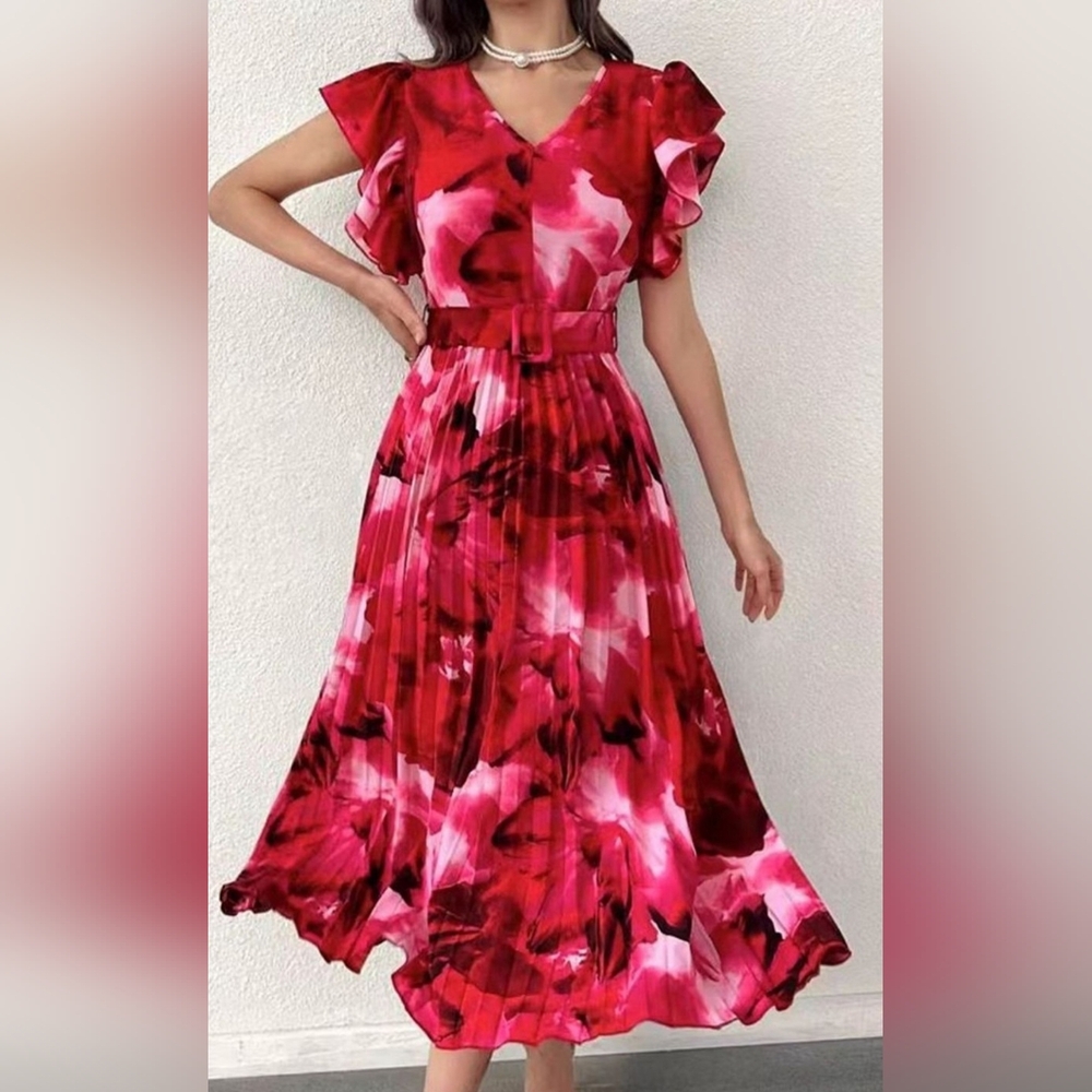 Women's Red & Pink Floral Print Pleated Belted Dress